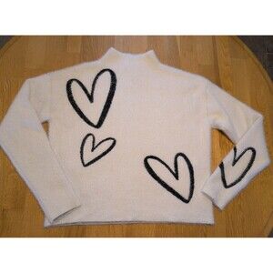 Rachel Zoe Fuzzy Heart Sweater Women’s Small Ivory/Black Mock Neck Soft Cozy